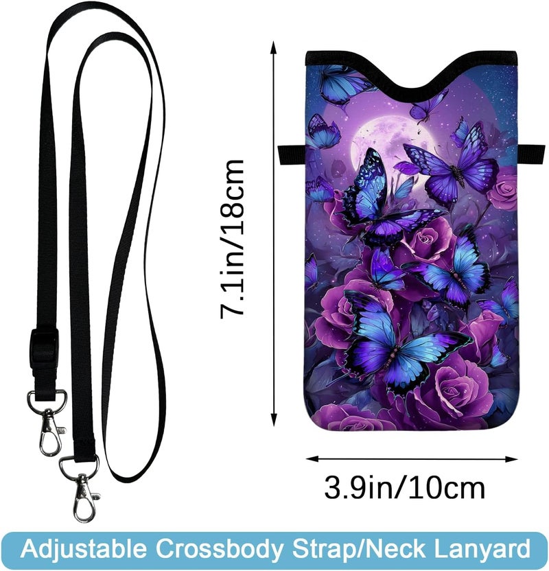 otilil Neoprene Cell Phone Sleeve Pouch Case Bag with Crossbody Strap Neck Lanyard for Women 7.1 X 3.9 in Purple Butterfly - Image 2